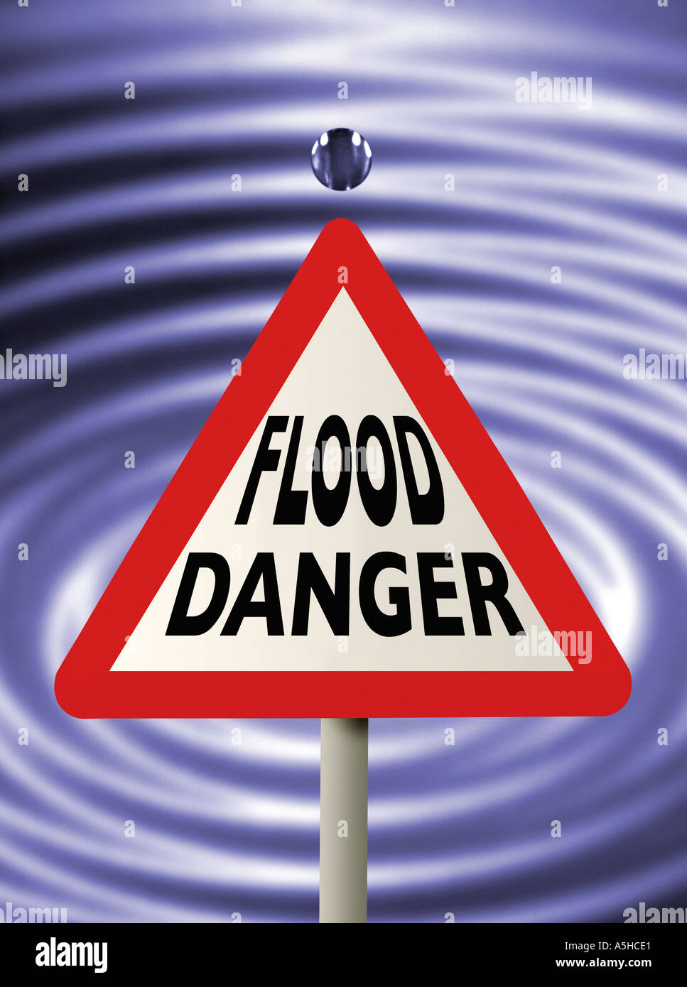 Flood Danger sign with water drop and water ripples Stock Photo