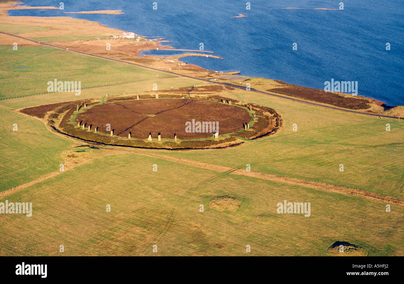 Ring of Brodgar prehistoric stone circle henge monument. Orkney Islands, Scotland. Aerial Stock Photo