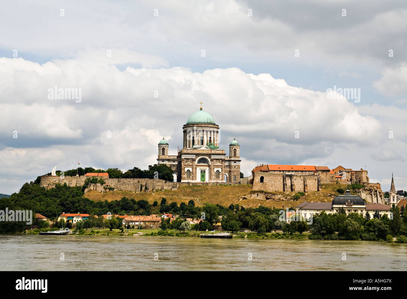 HUNGARY Esztergom View of basilica and dome on Danube River from Sturovo Slovakia largest church in Hungary Stock Photo