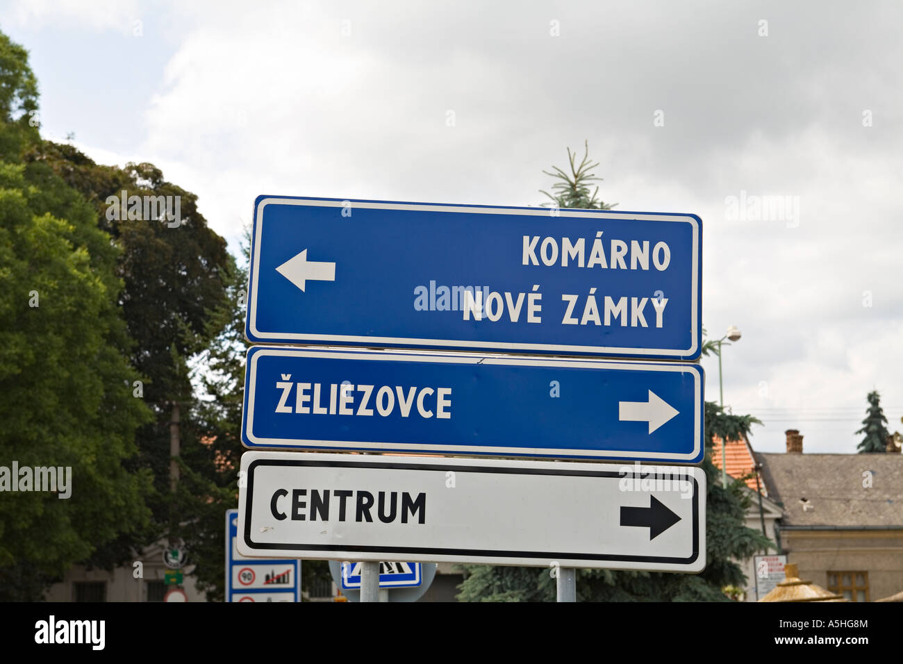 SLOVAKIA Sturovo Directional signs with arrows in city across border ...