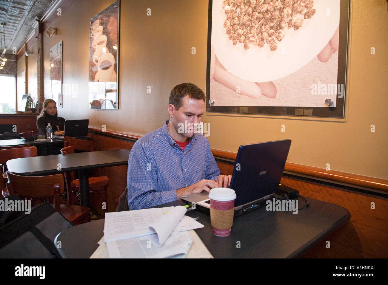 Royal Oak Michigan A man works on his laptop computer at Sweetwaters Cafe Stock Photo