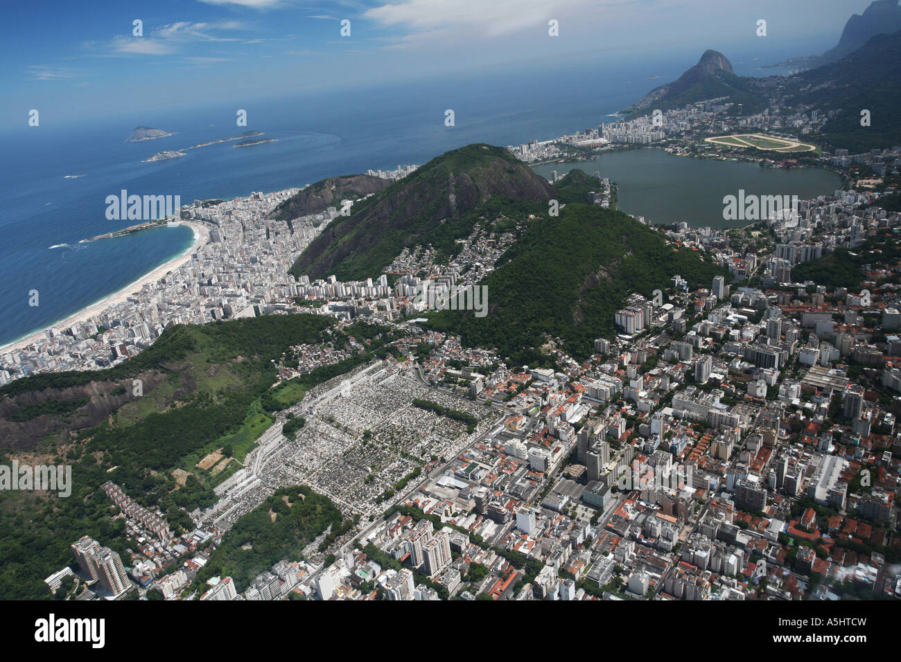 Aerial landscape view from helicopter of Rio de Janeiro city coastline with Lagoa lake, Ipanema and Copacobana beach Stock Photo