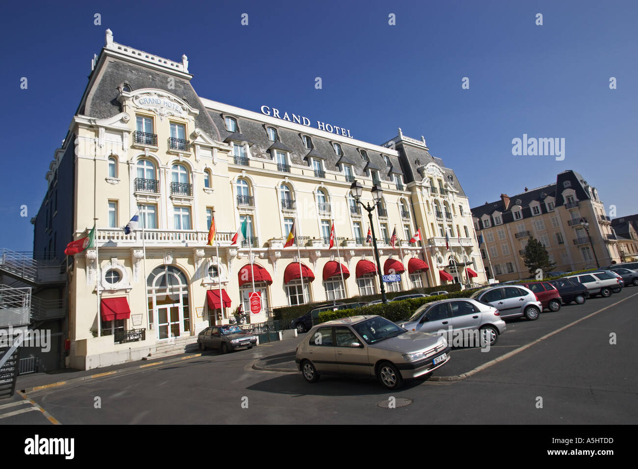 Grand Hotel Cabourg Normandy France from Jardins du Casino Stock Photo