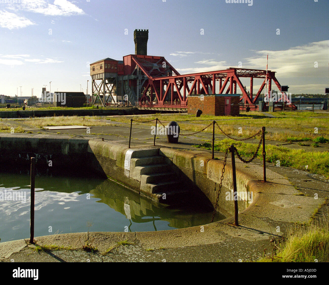 Lifting bridge in Birkenhead docks Liverpool Merseyside UK Stock Photo