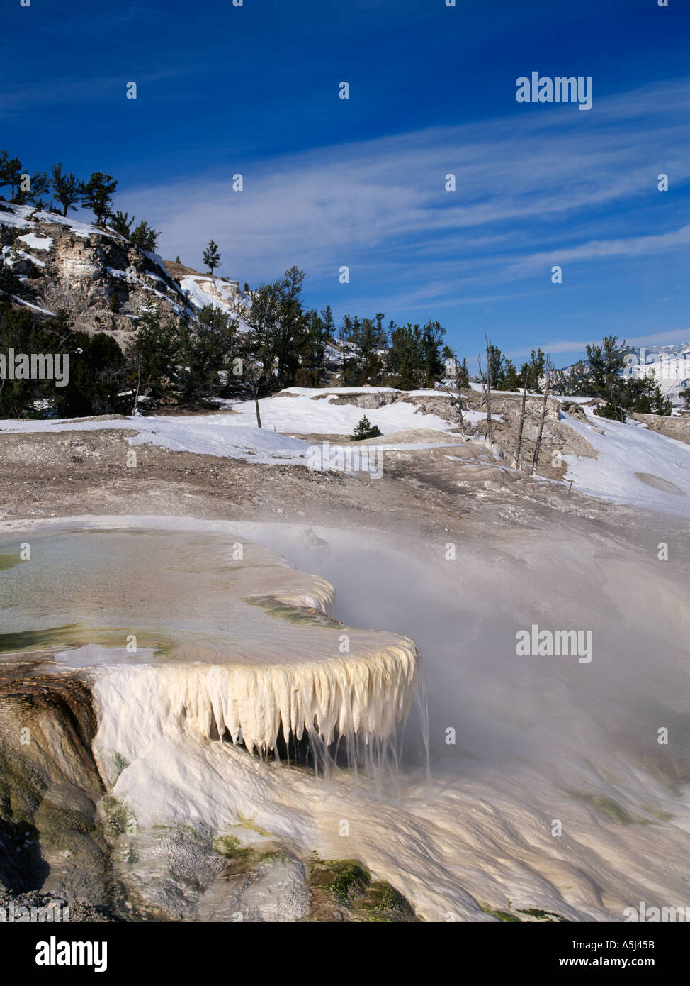 Limestone deposits on upper terrace Minerva Terrace Mammoth Hot Springs Travertine Terraces in winter Yellowstone National Pa Stock Photo