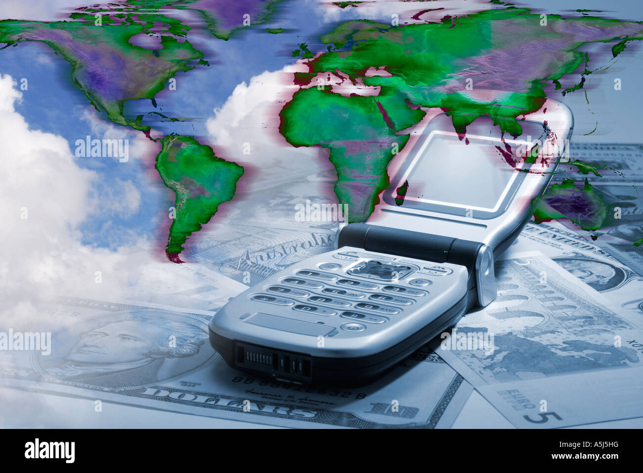 Mobile Phone on World Map and Banknotes Stock Photo - Alamy