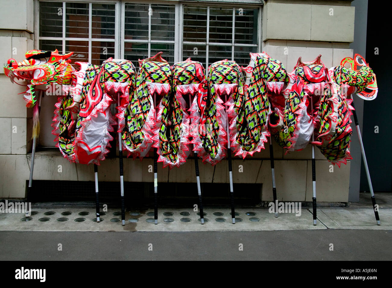 Folded up dragon for Dragon Dancing display at Chinese New Year celebrations in Central London Stock Photo