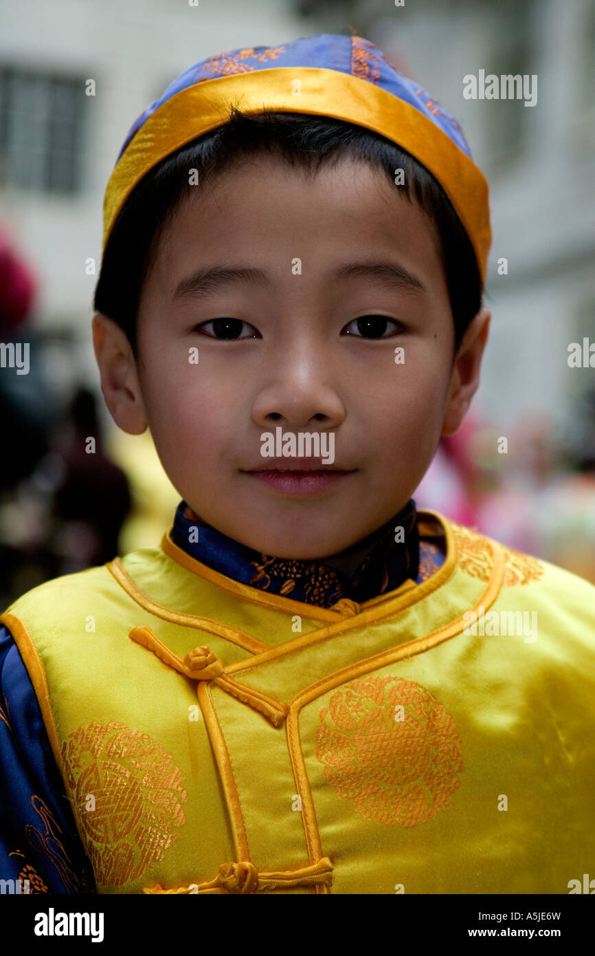 Small chinese boy in traditional costume at Chinese New Year