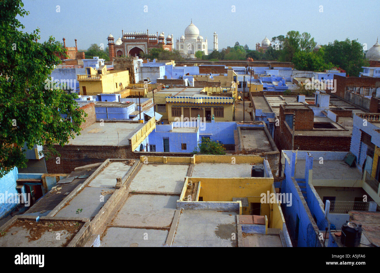 INDIA The dome and towers of the Taj Mahal seem to float over the rooftops of Agra Stock Photo