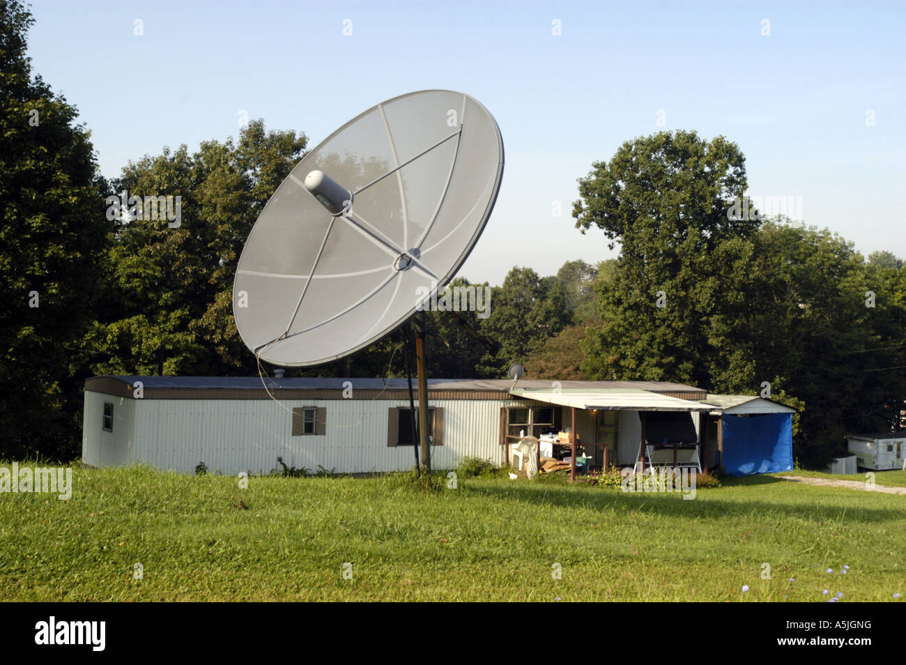 Satellite dish in front of trailer Stock Photo: 11326587 - Alamy