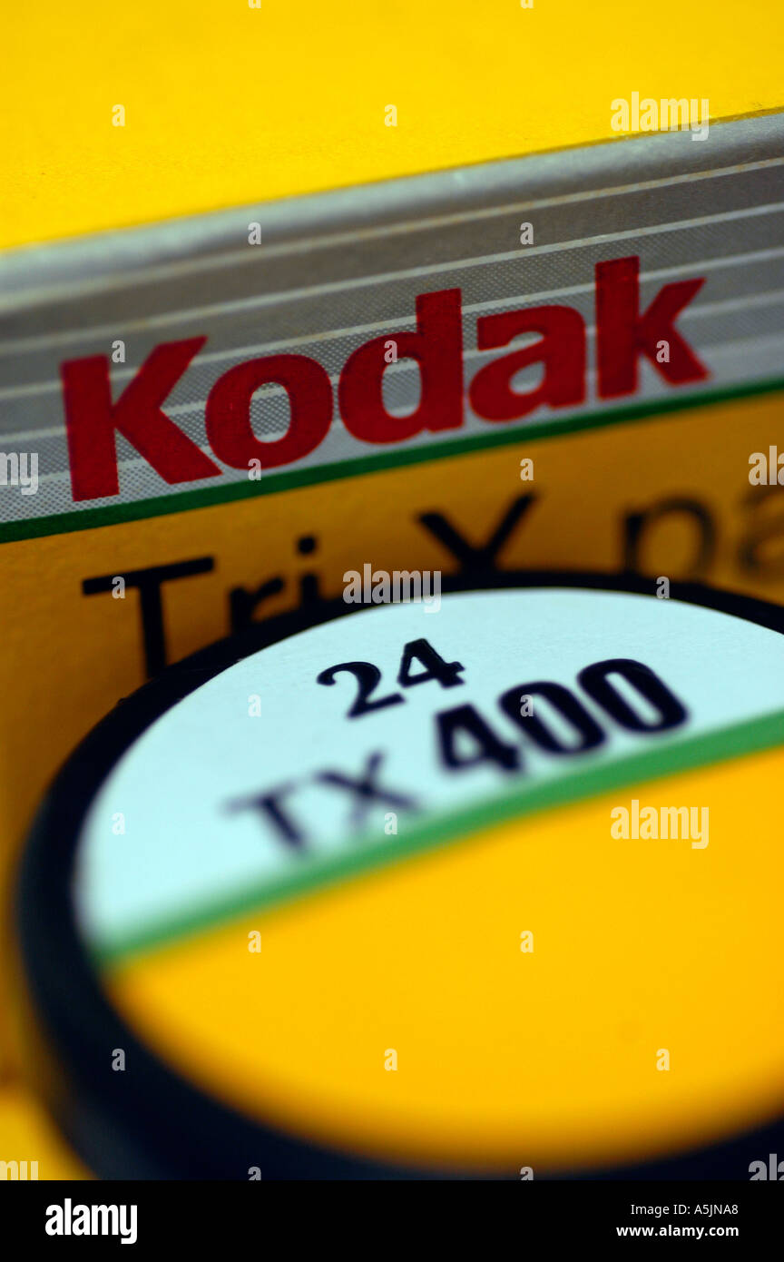 A display of various films manufactured by the Eastman Kodak Co in their familiar yellow boxes  Stock Photo