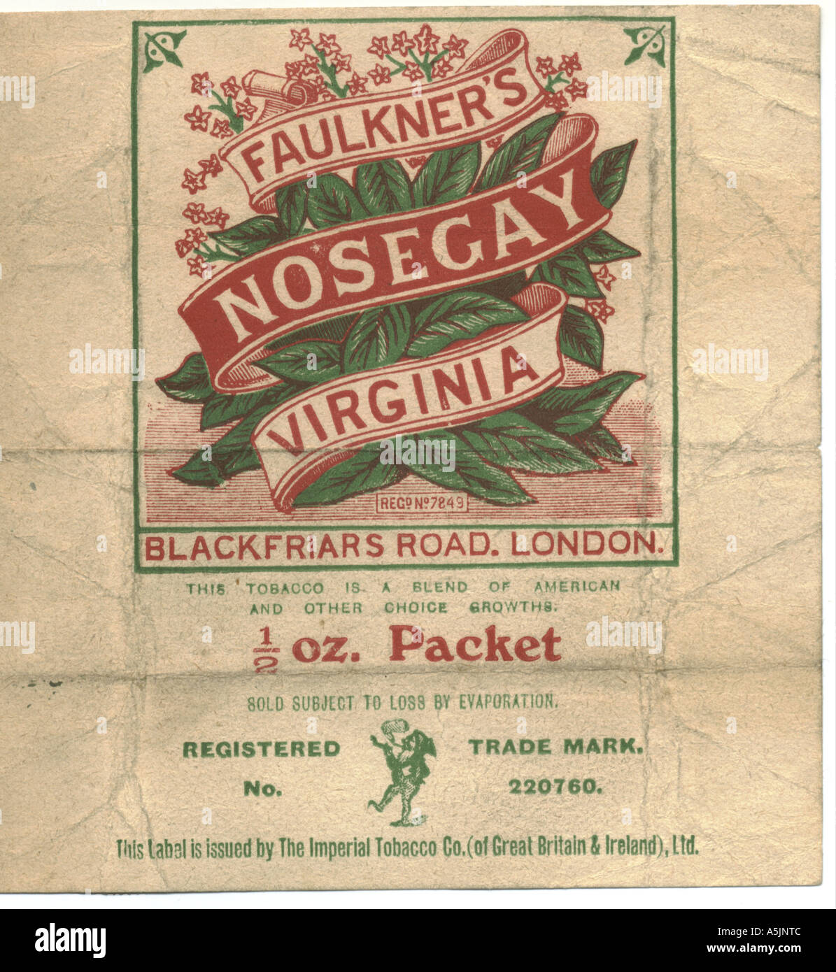 Tobacco packet label for Faulkner's Nosegay Virginia circa 1890 Stock Photo