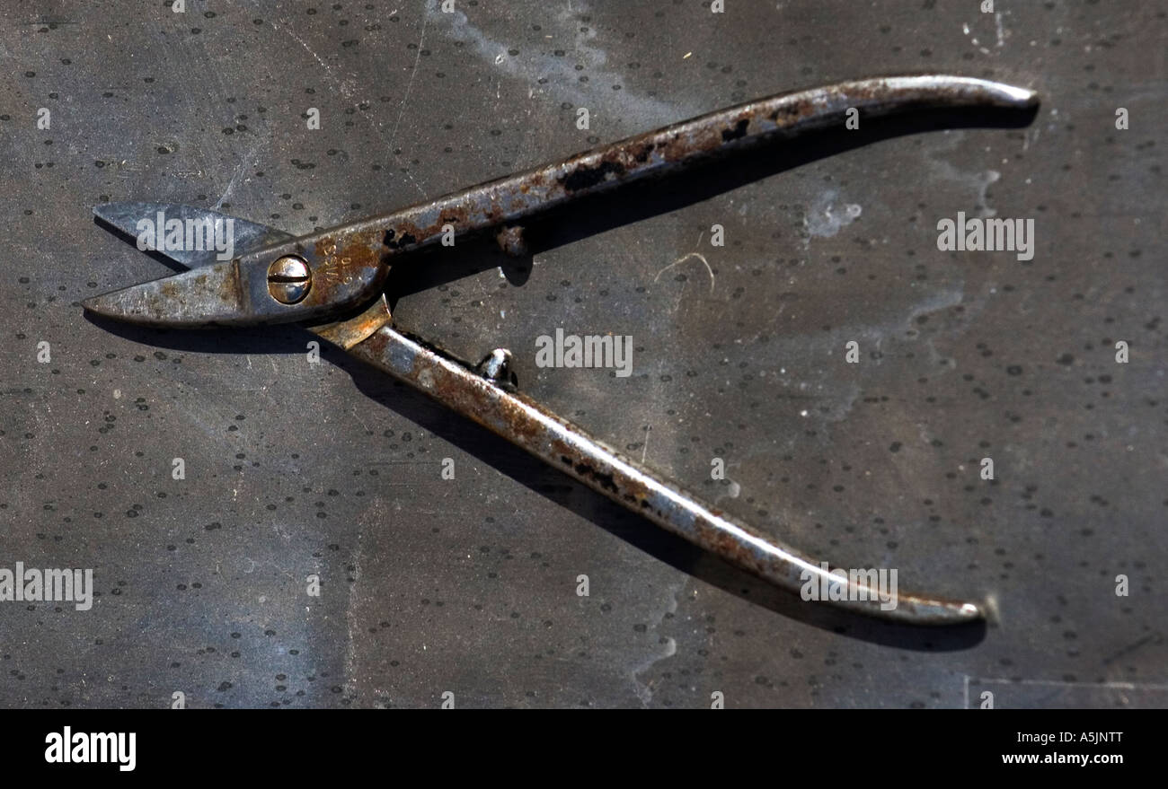 Lead snips used to cut lead sheet for roofing work Stock Photo Alamy