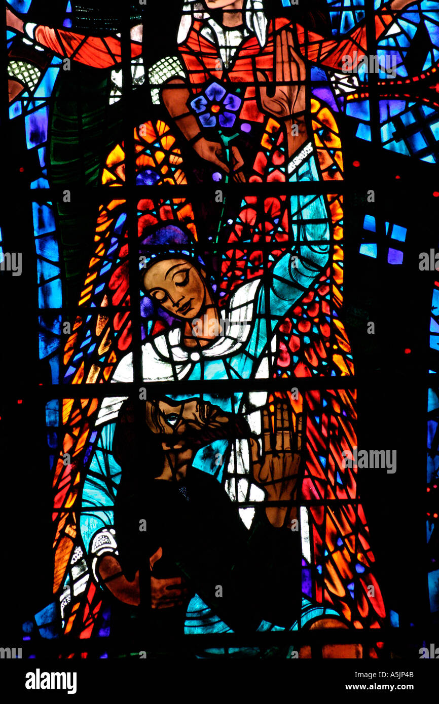 A Stained Glass Window by Ervin Bossanyidepicting salvation and deliverance from evil Stock Photo