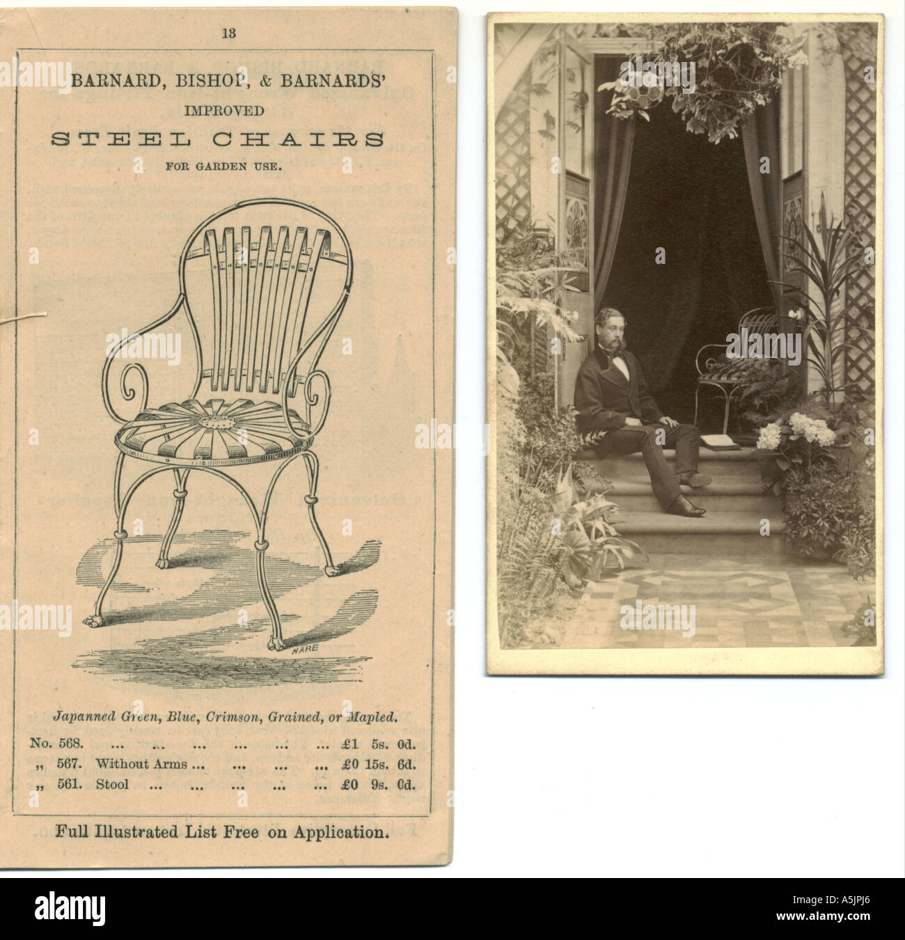 Advertisement for Steel Garden Chair with carte-de-visite photograph of one in use 1881 Stock Photo
