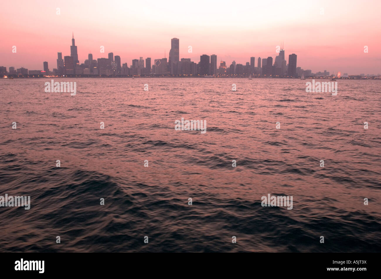 Chicago Skyline at sunset from Lake Michigan Illinois Stock Photo - Alamy