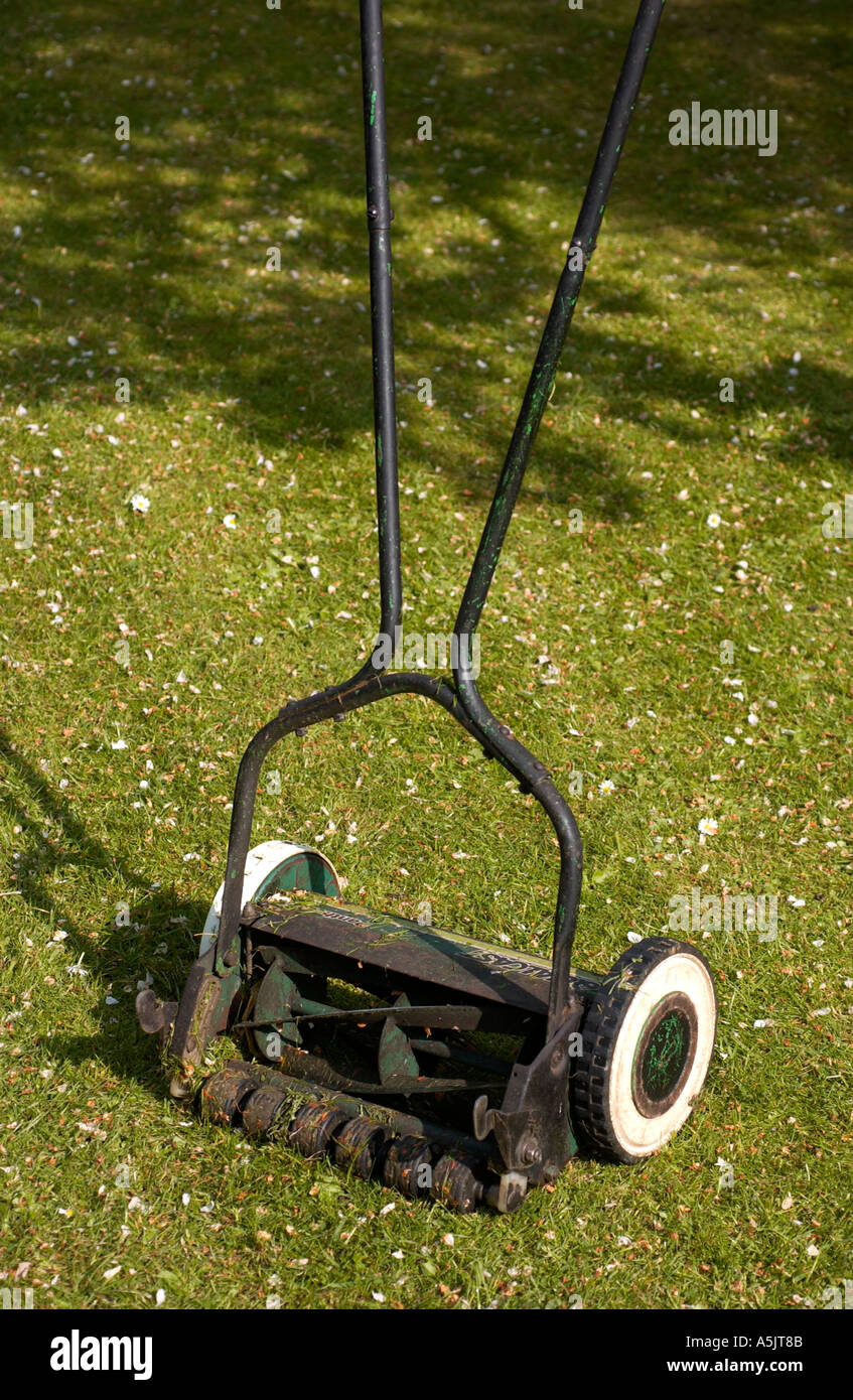 Old mechanical push pull lawn mower Stock Photo Alamy