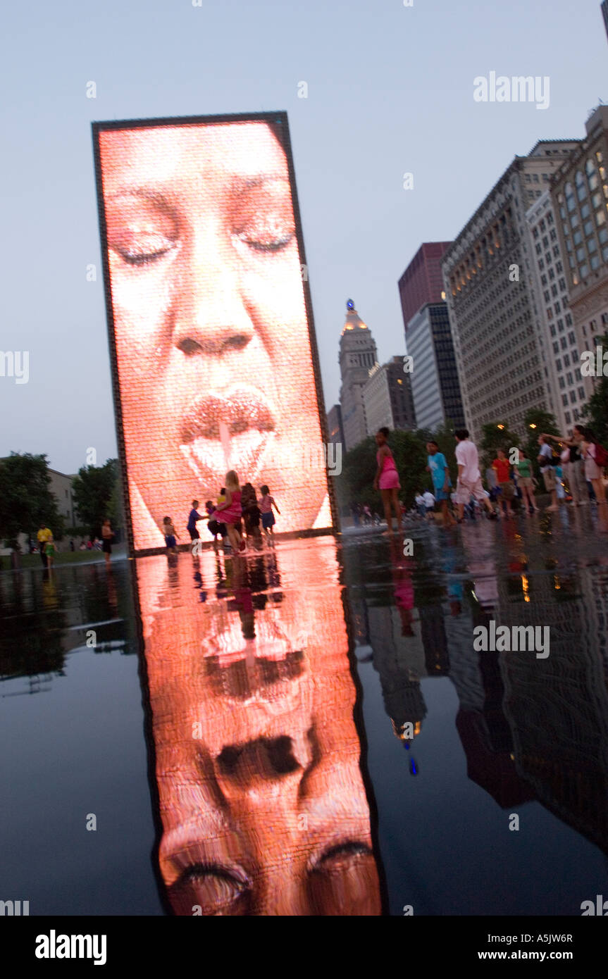 Kids playing in the water at Crown Fountain in Millennium Park Chicago Illinois Stock Photo