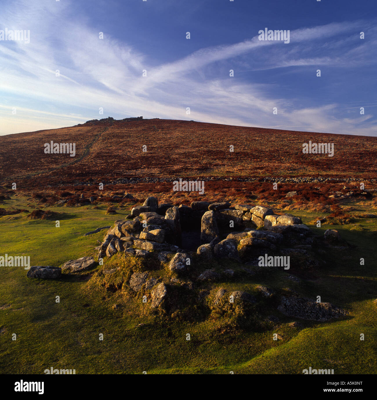 Grimspound bronze-age hut settlement at sunset, Dartmoor, Devon, England, UK, Europe Stock Photo