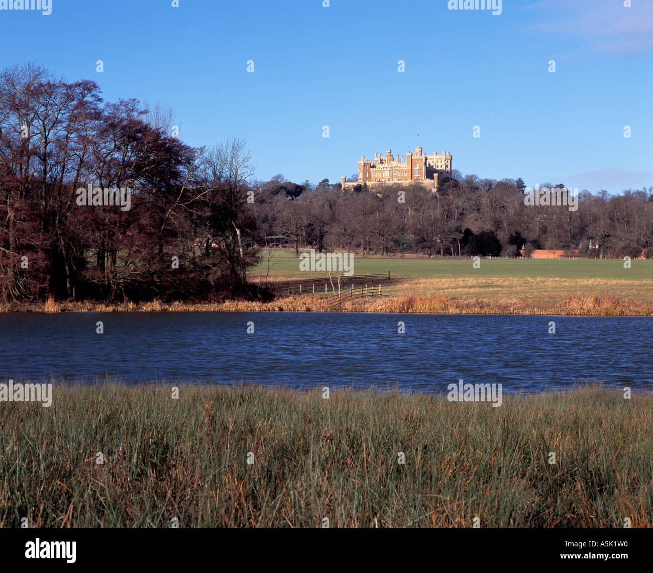 Distant view across lower lake of Belvoir Castle Grantham Lincolnshire Stock Photo