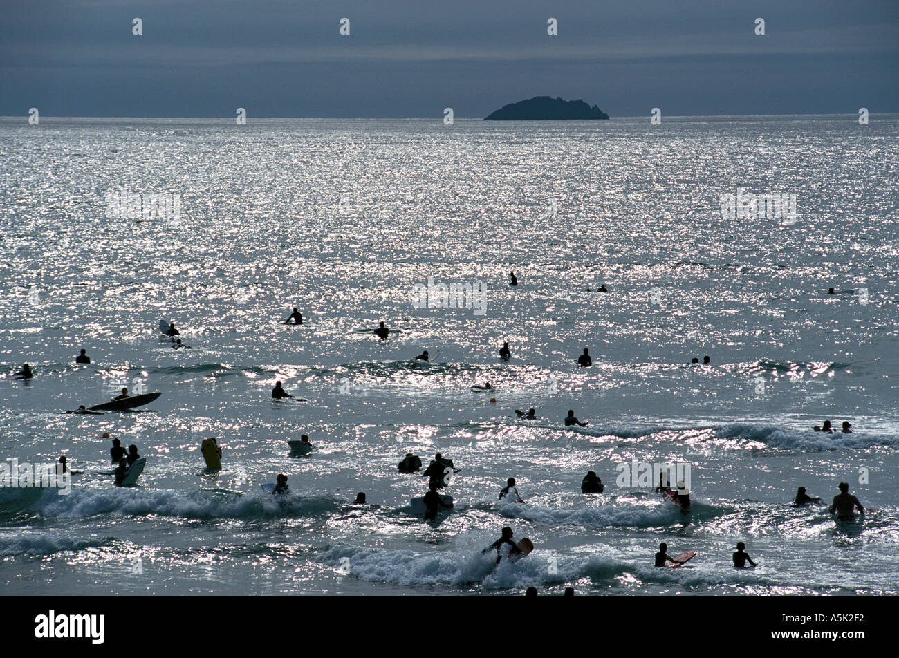 Polzeath beach in cornwall crowd hires stock photography and images