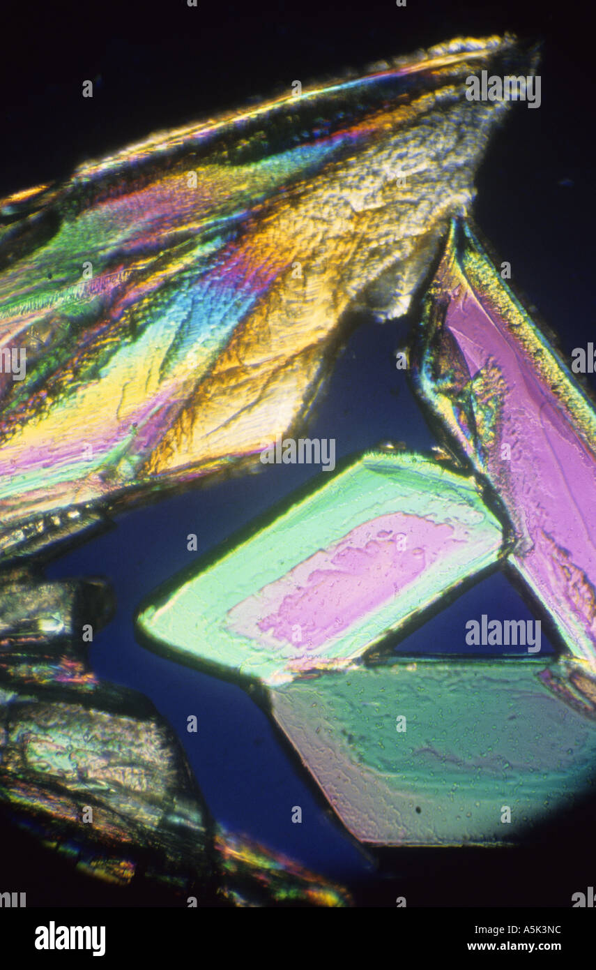 copper sulphate crystals viewed through microscope using cross