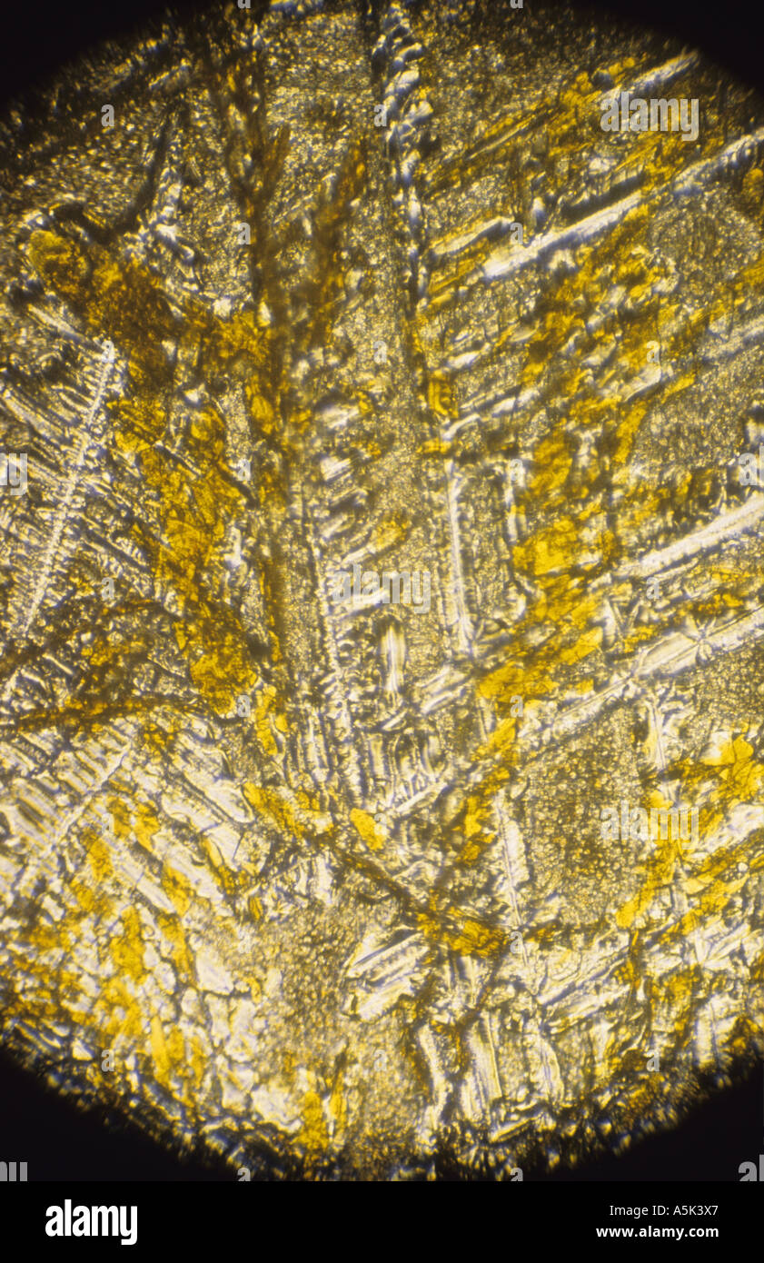 cupric chloride, boric acid and ammonium persulphate crystals viewed through microscope Stock Photo