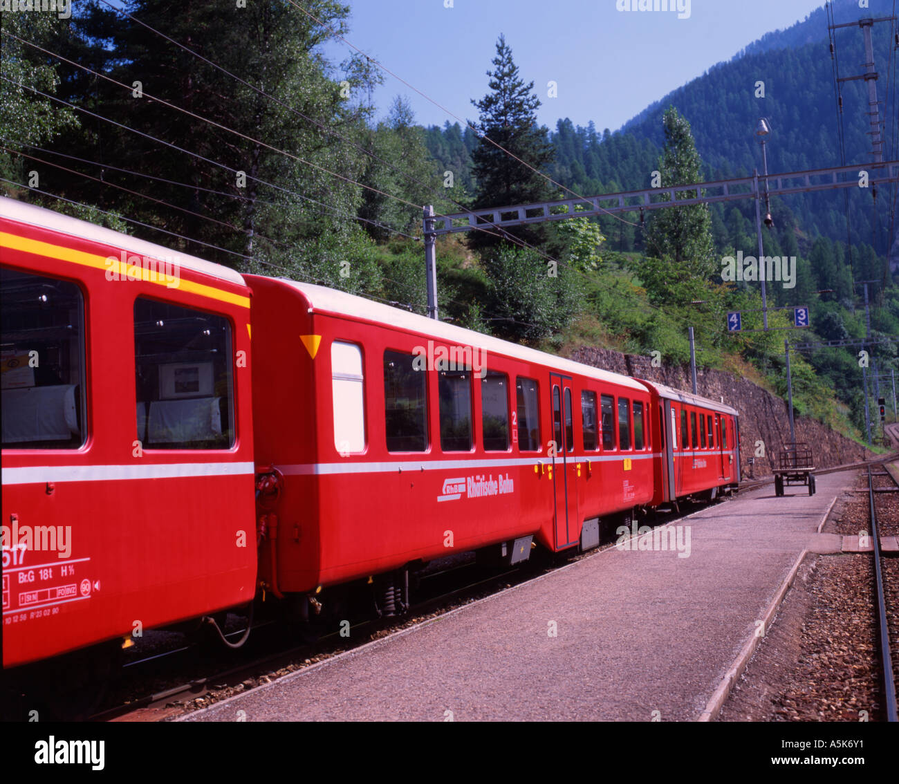 Colourful railway carriages belonging to the Swiss Rhätische Bahn Stock ...