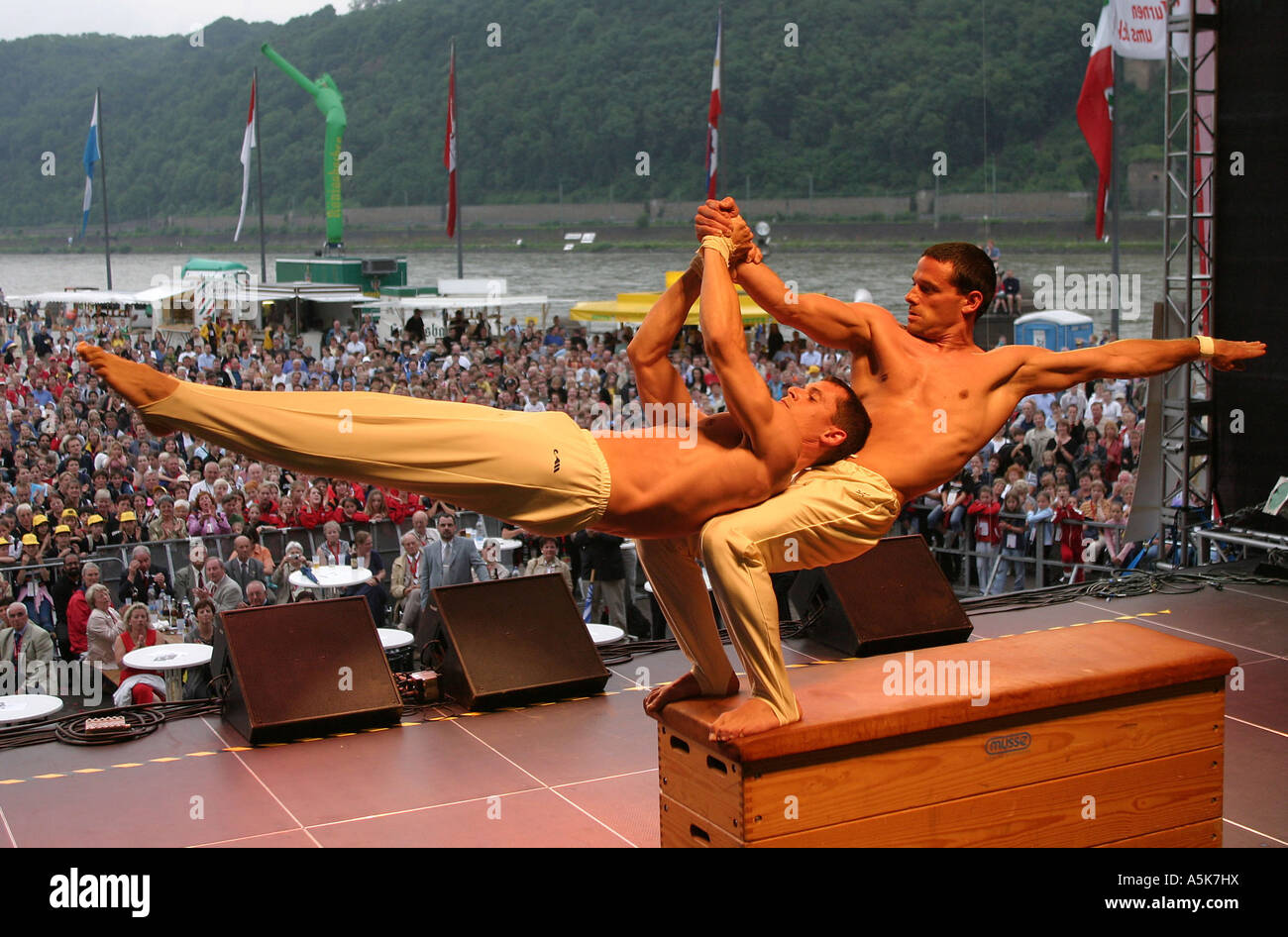 Dirk Walterspacher und Joerg Bluemlinger in their gymnastics performance in Koblenz, Rhineland Palatinate , Germany Stock Photo