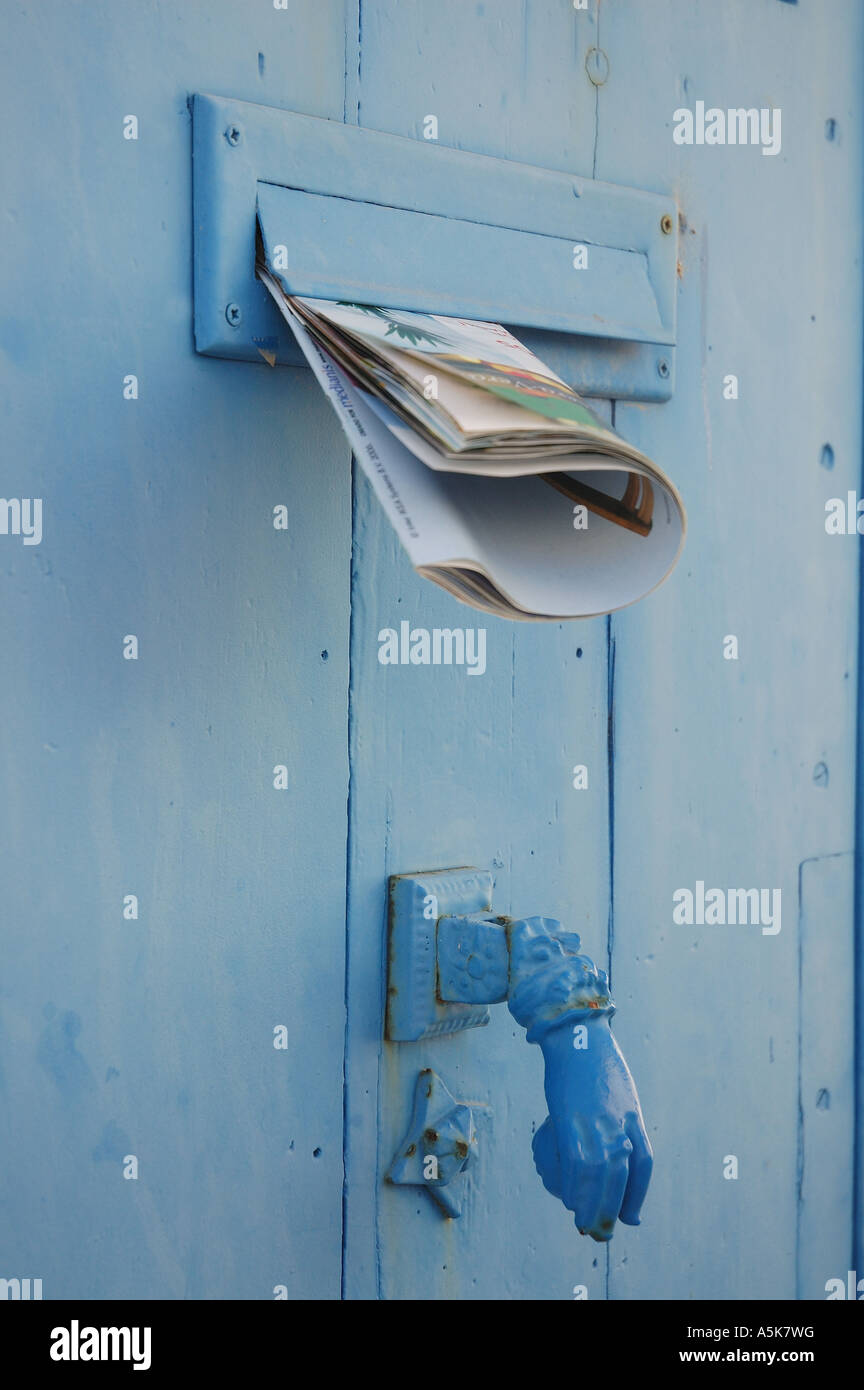 Dalt Vila, blue door with newspaper, Eivissa Vila, Ibiza, Spain, Balearic Islands, Europe Stock Photo