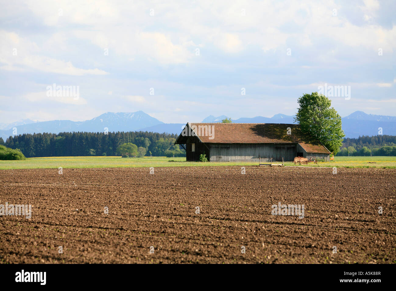 Agriculture with panaroma view to the Alps, Bavaria, Germany Stock Photo