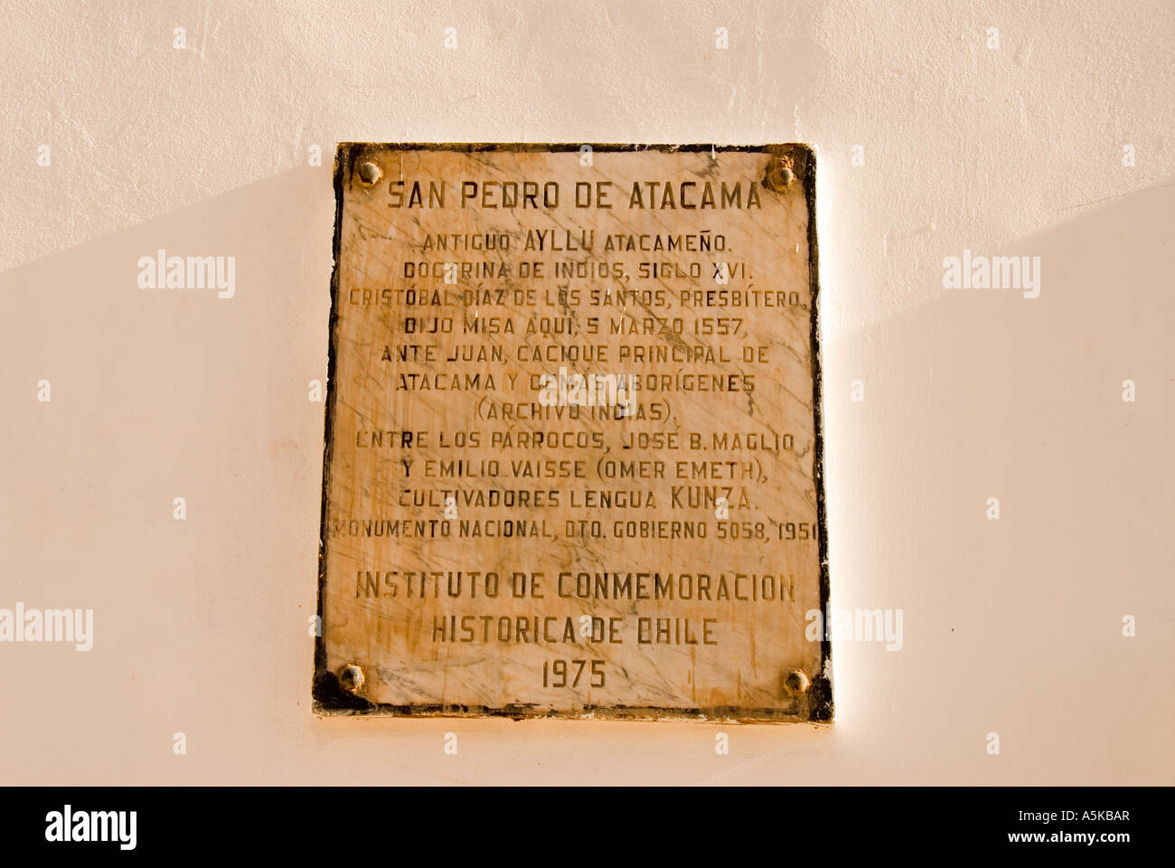 Chile San Pedro de Atacama historical marker in Spanish Stock Photo Alamy