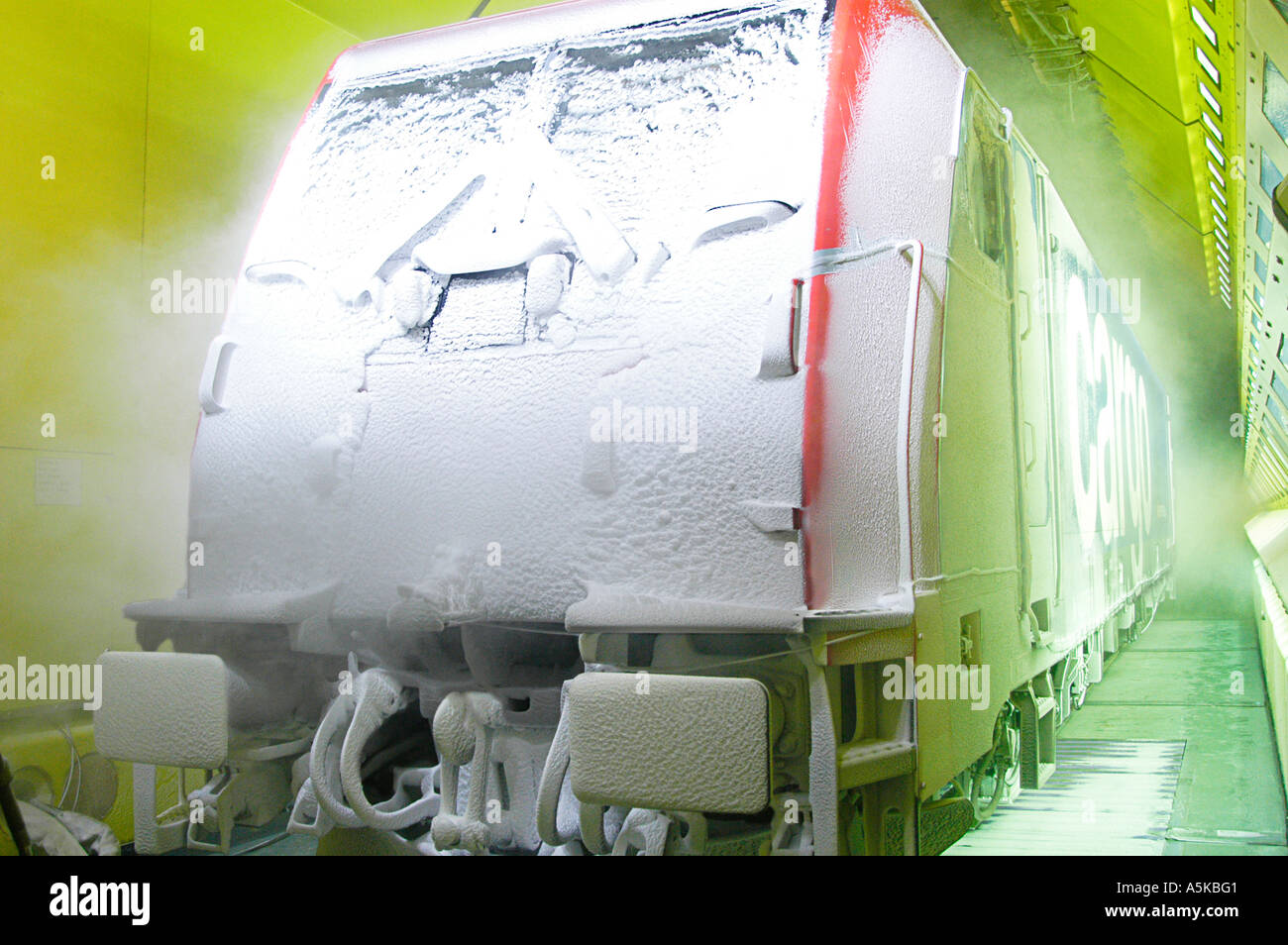 A train that was snowed in for testing in the Artificial Climate Wind Channel , RTA Rail Tec Arsenal, Vienna, Austria Stock Photo