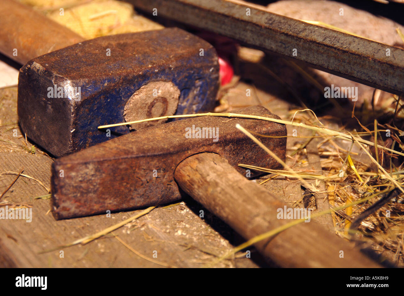 Two hammers on a Workbench Stock Photo