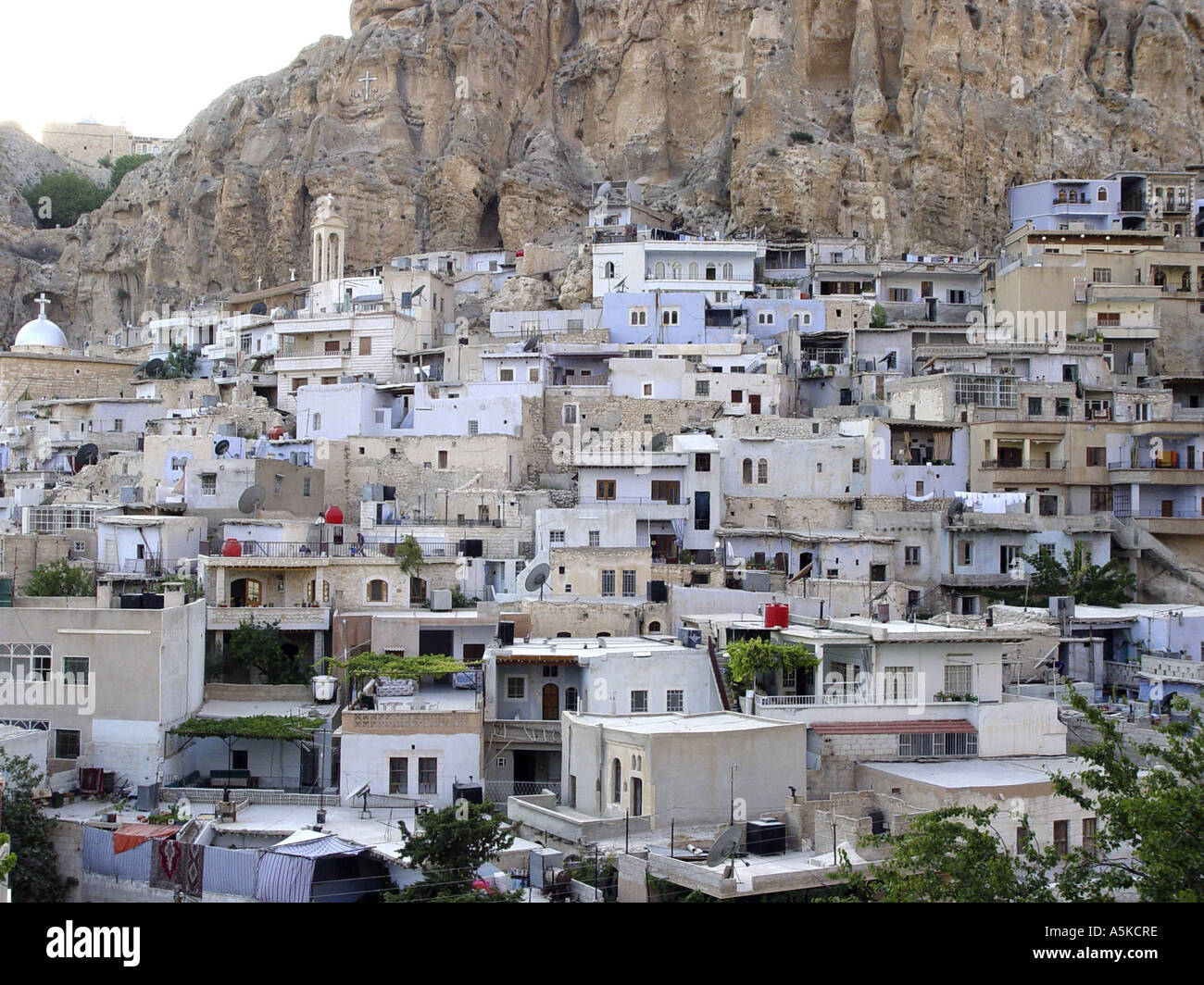 Malula is one of the most famous villages in Syria. At the rock slopes are loam houses. In Malula is also convent of the holy Stock Photo