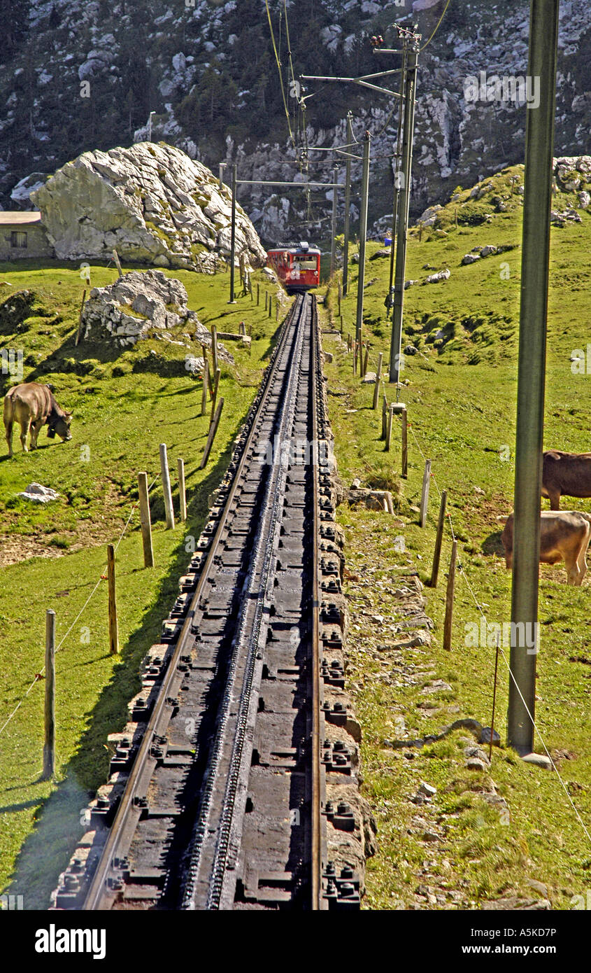 Switzerland Mount Pilatus tram car rail tracks Lucerne Luzern Stock Photo