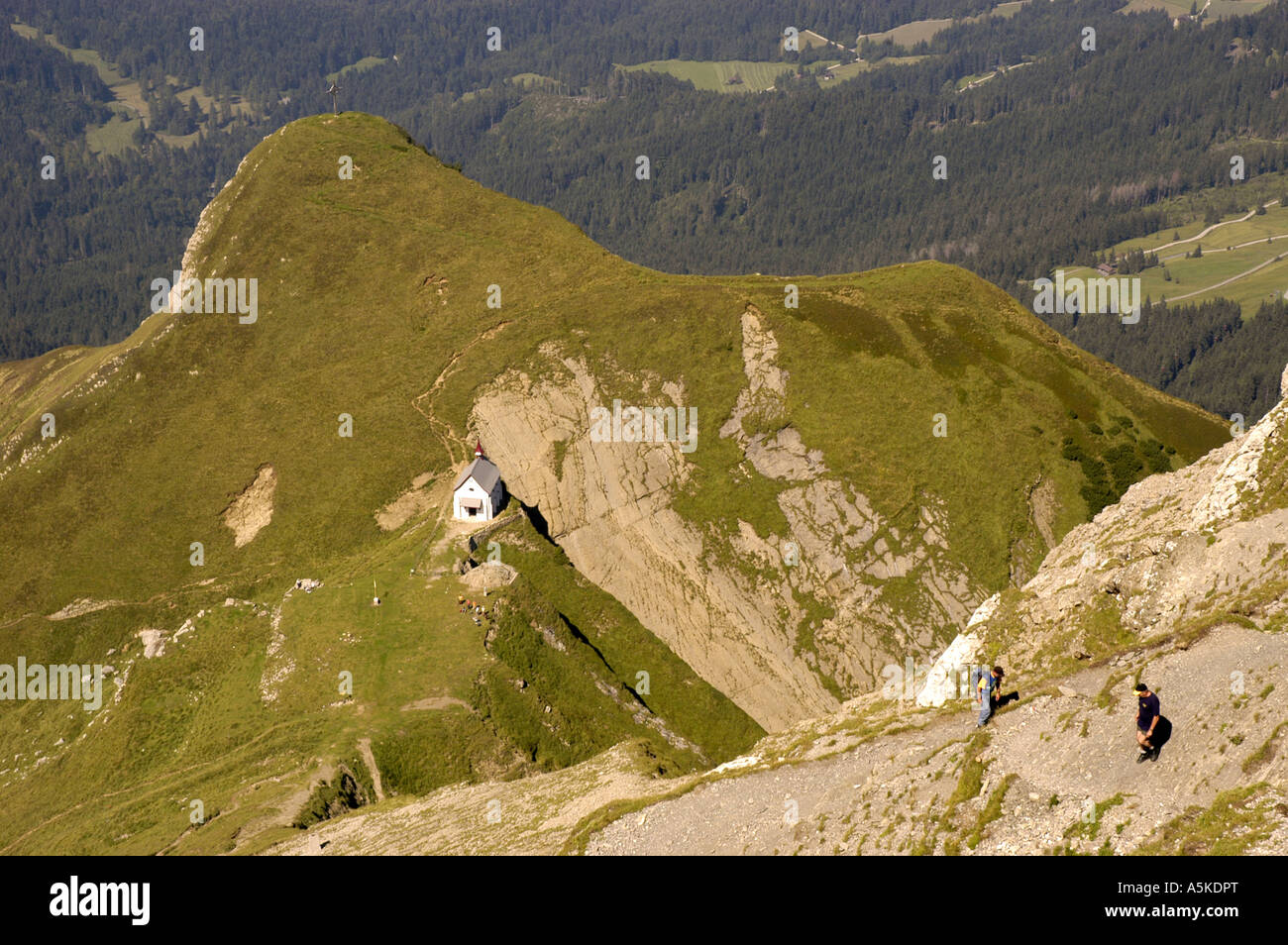 Lucerne Switzerland two men hiking up Mount Pilatus Stock Photo