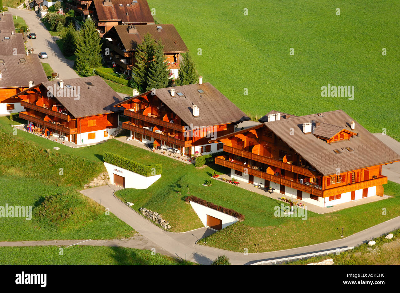 Swiss chalets Bernese Oberland Aerial view Switzerland Stock Photo