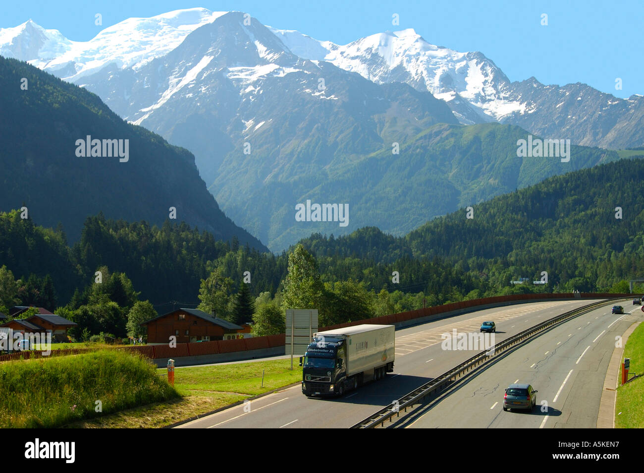 Traffic on the highway in front of Mount Mont Blanc Autoroute Blanche E25  A40 Chamonix Haute Savoie France Stock Photo - Alamy