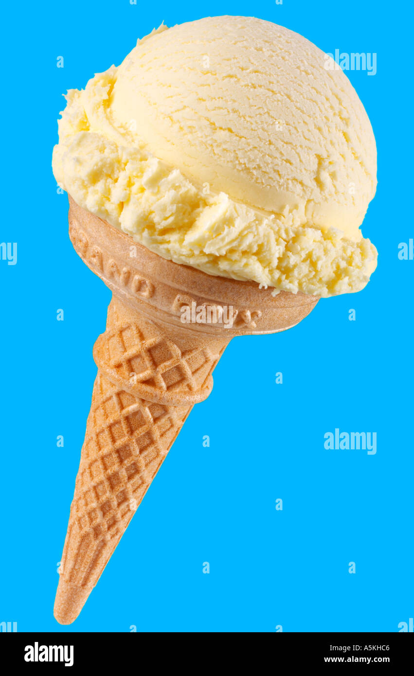 VANILLA ICE CREAM CONE ON BLUE Stock Photo - Alamy