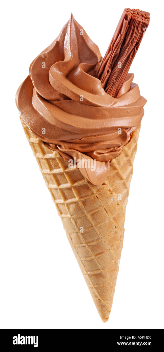 CHOCOLATE ICE CREAM CONE WITH FLAKE ON Stock Photo