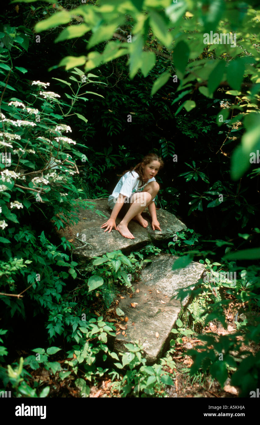 A girl is crouched down on a rock surrounded by native greenery in the ...