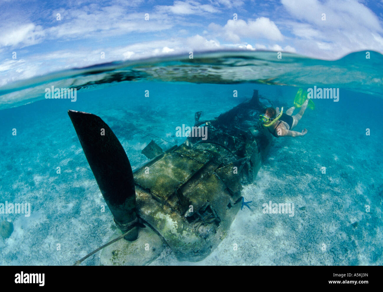 Under over photo of Japanese Zero fighter and snorkeler in shallow water Palau Micronesia Stock Photo