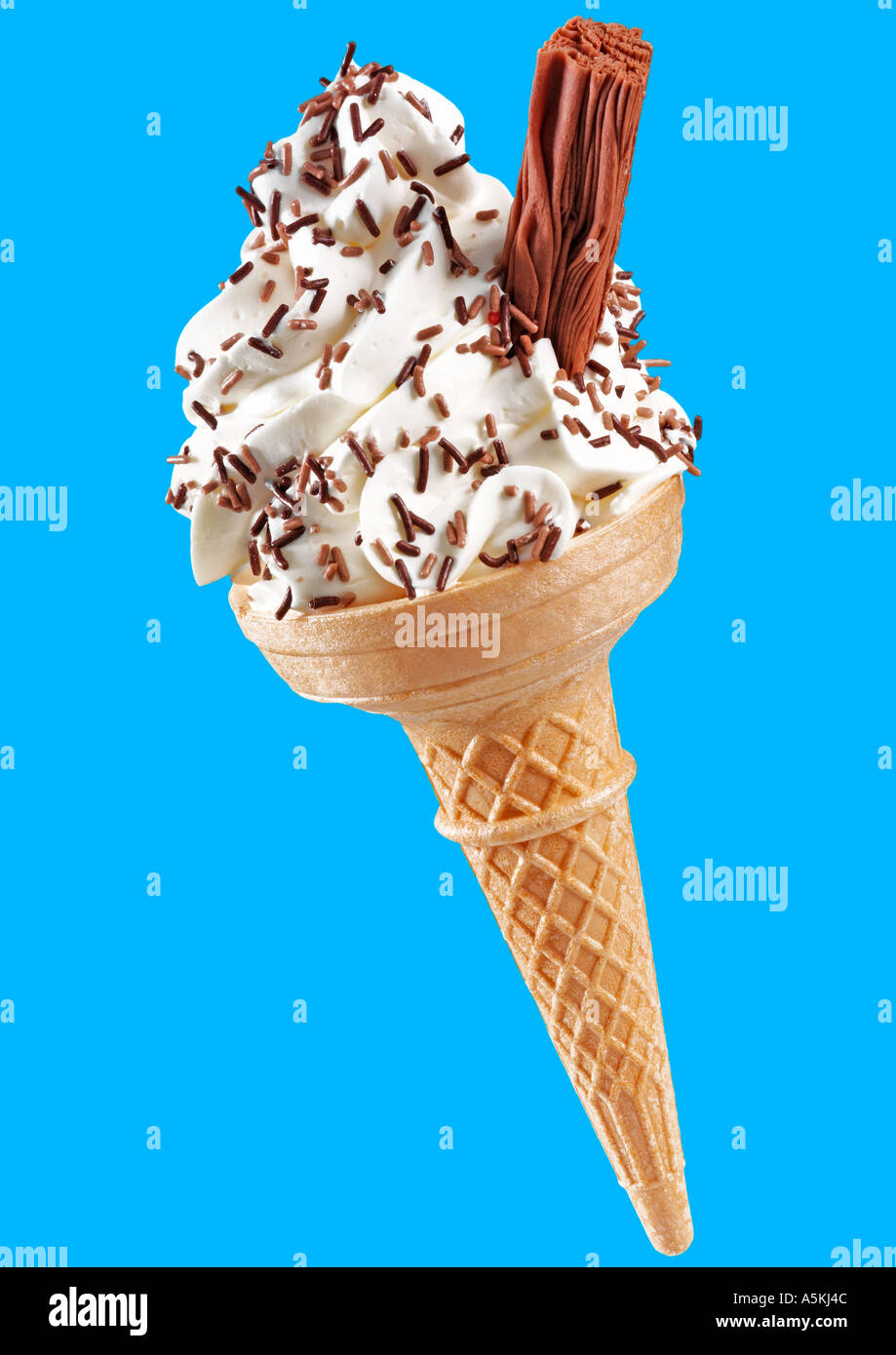 VANILLA ICE CREAM CONE WITH CHOCOLATE Stock Photo