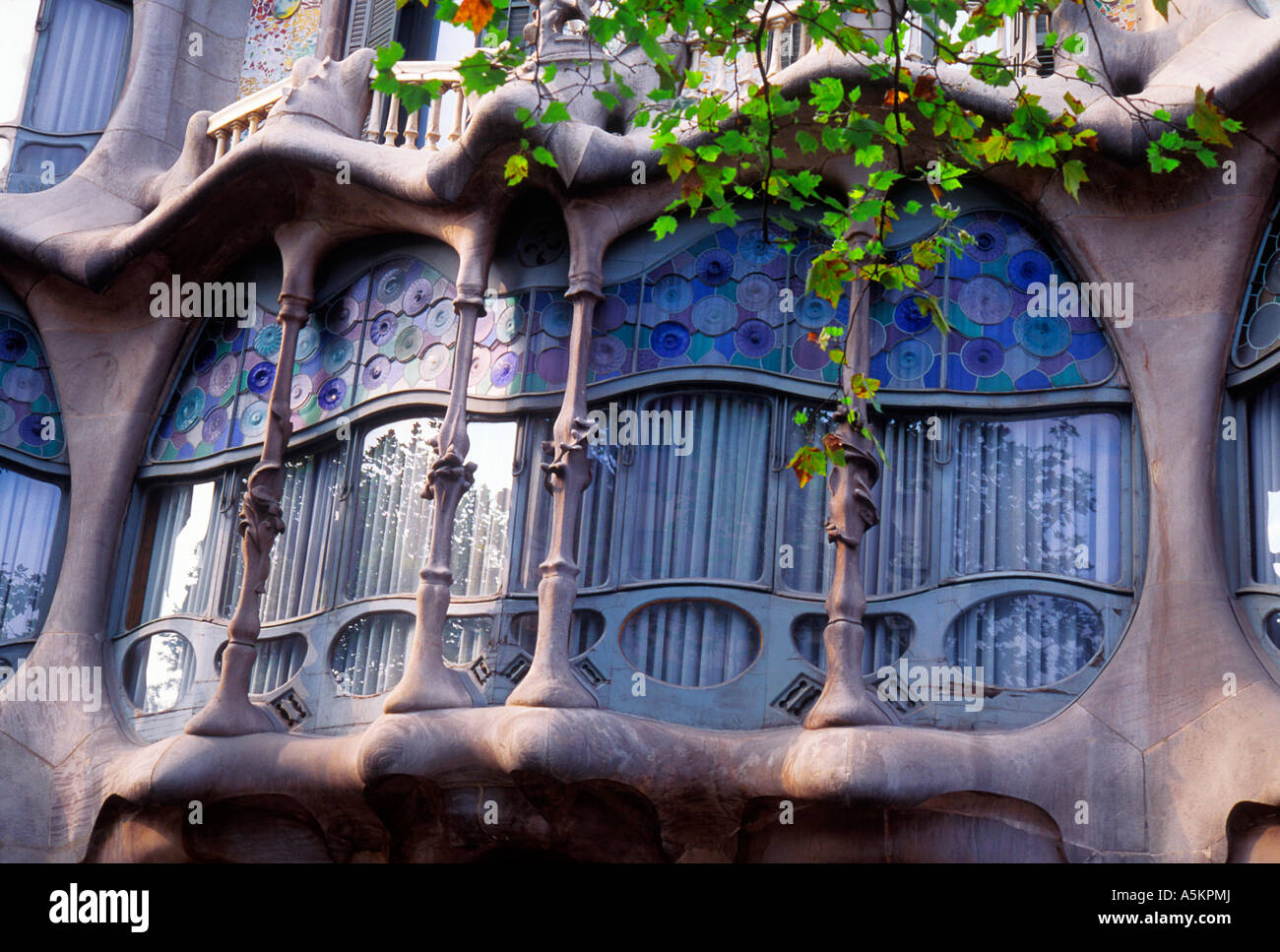 Barcelona Catalonia Modernism Window Casa Batllo (House of Bones) Architect Antoni Gaudi (Antoni Gaudi i Cornet) Building in Quadrat d'Or. UNESCO Stock Photo