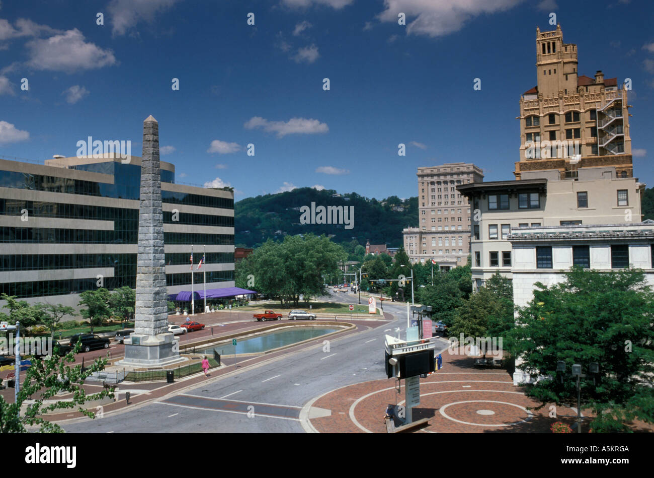 Vance Monument, City Hall, and the Co. Courthouse are visible