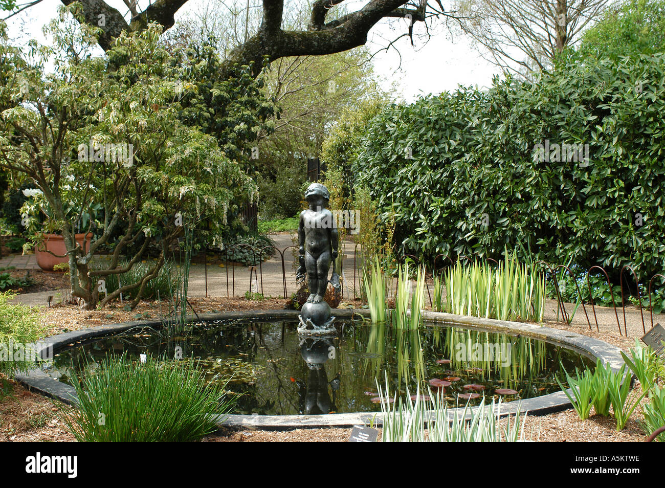 A beautiful fountain is the centerpiece at the Atlanta Botanical Gardens in Atlanta GA Stock Photo