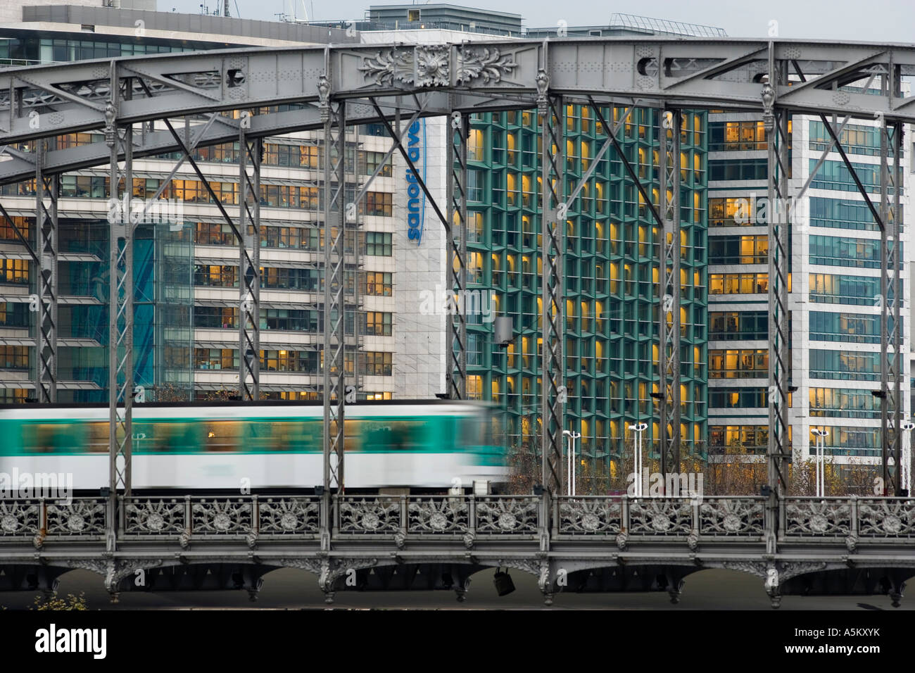 Metro on the Austerlitz bridge. Buildings of Gare de Lyon district. 12th district. Paris. France