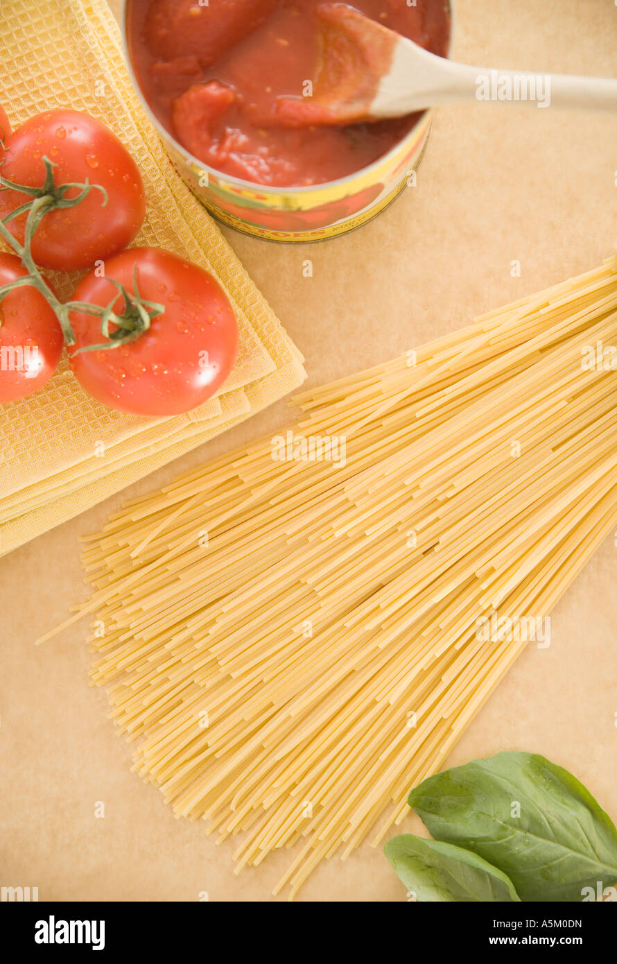 High angle view of pasta and tomatoes Stock Photo