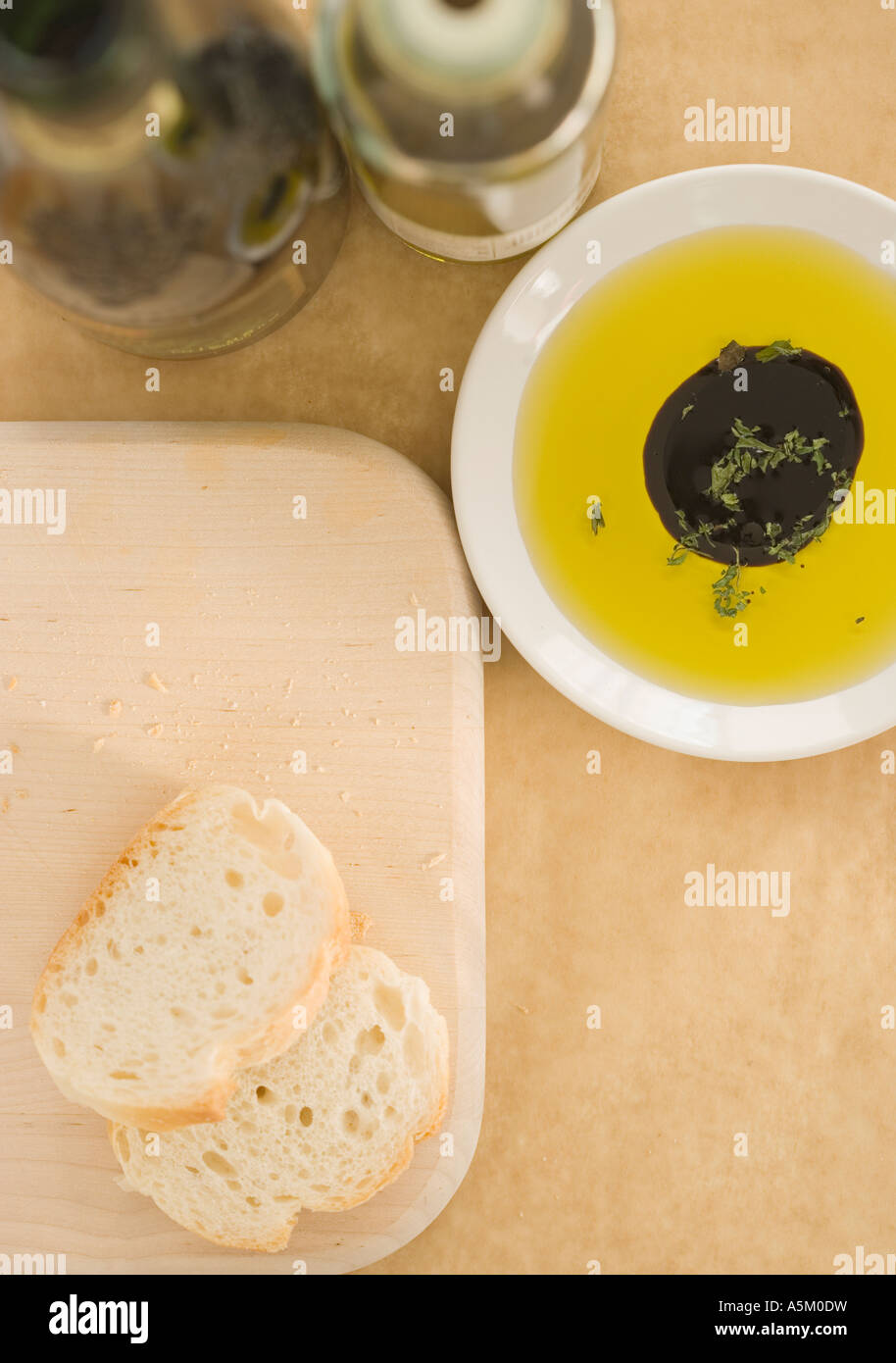 High angle view of sliced bread and oil and vinegar Stock Photo